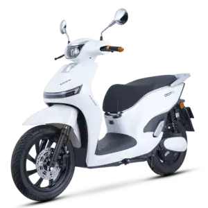 Electric scooter ideal for city travel, featuring sleek white body, comfortable seat, and advanced safety features. Perfect for eco-friendly transportation and daily commuting needs.