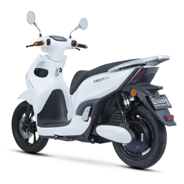 An image of a sleek, white electric scooter showcasing advanced technology and eco-friendly transportation options. The scooter features a streamlined body, digital display, and comfortable seating, i.